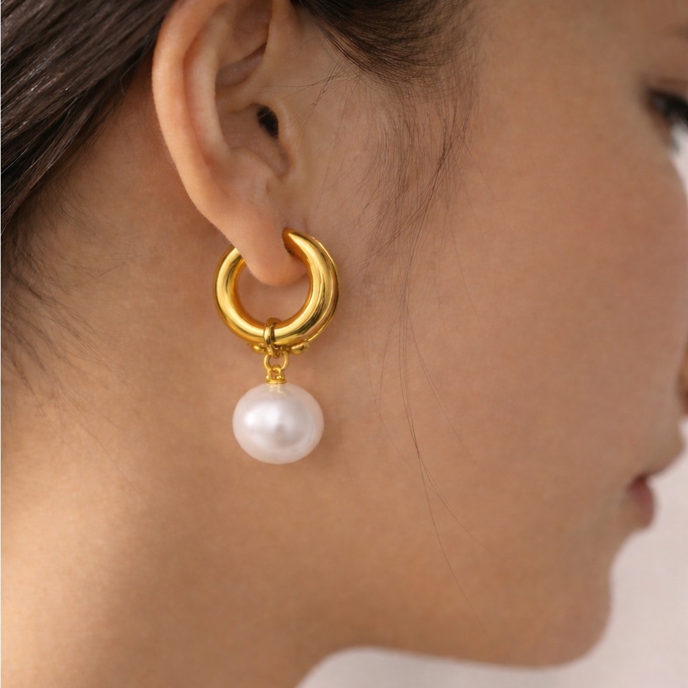 [SOLD] NEW Vermeil Big Pearl Hoop Earrings - Stainless Steel Dangle Drop Huggies